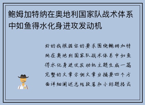 鲍姆加特纳在奥地利国家队战术体系中如鱼得水化身进攻发动机