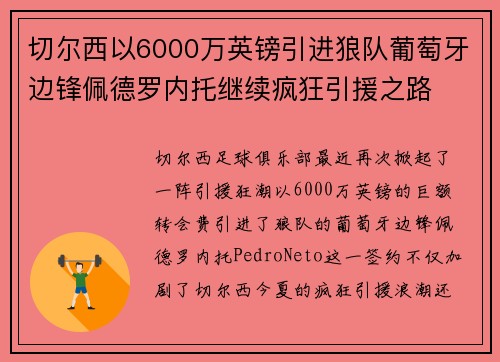 切尔西以6000万英镑引进狼队葡萄牙边锋佩德罗内托继续疯狂引援之路